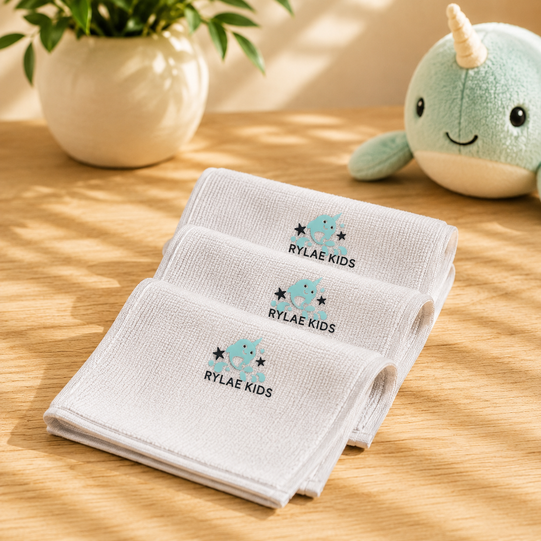 Three Rylae Kids microfiber cloths on white background