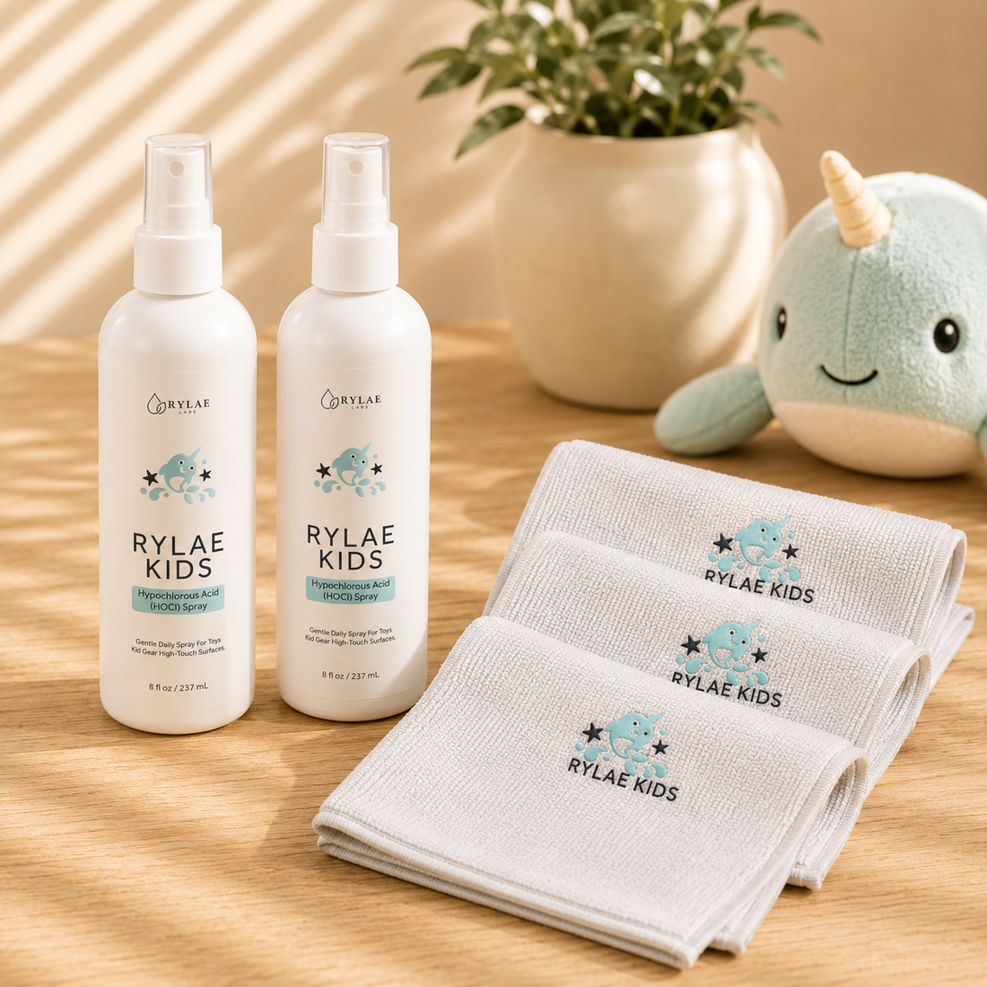 Two Rylae Kids 8oz bottles and three microfiber cloths on white background