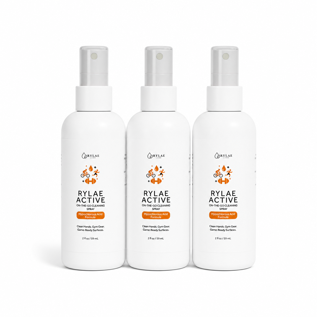 Three Rylae Active 2oz HOCl cleaning spray bottles on white background