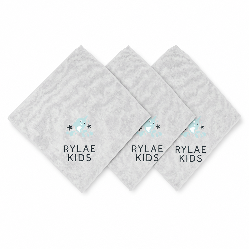 Three Rylae Kids microfiber cloths on white background