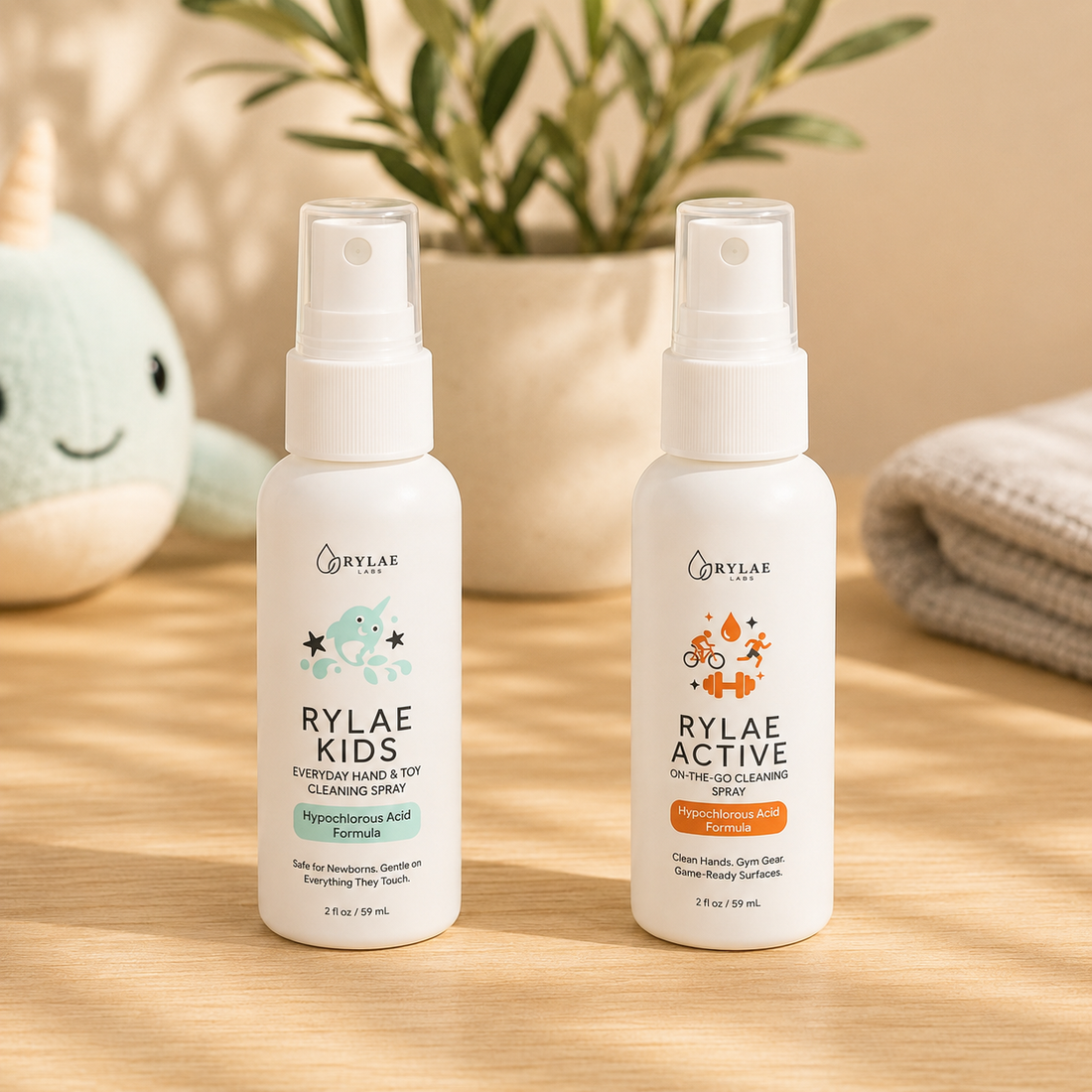 Rylae Kids and Rylae Active 2oz bottles on white background