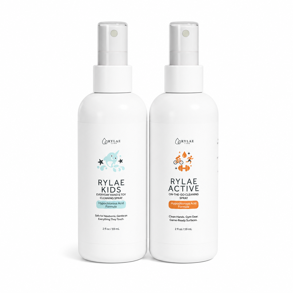 Rylae Kids and Rylae Active 2oz bottles on white background