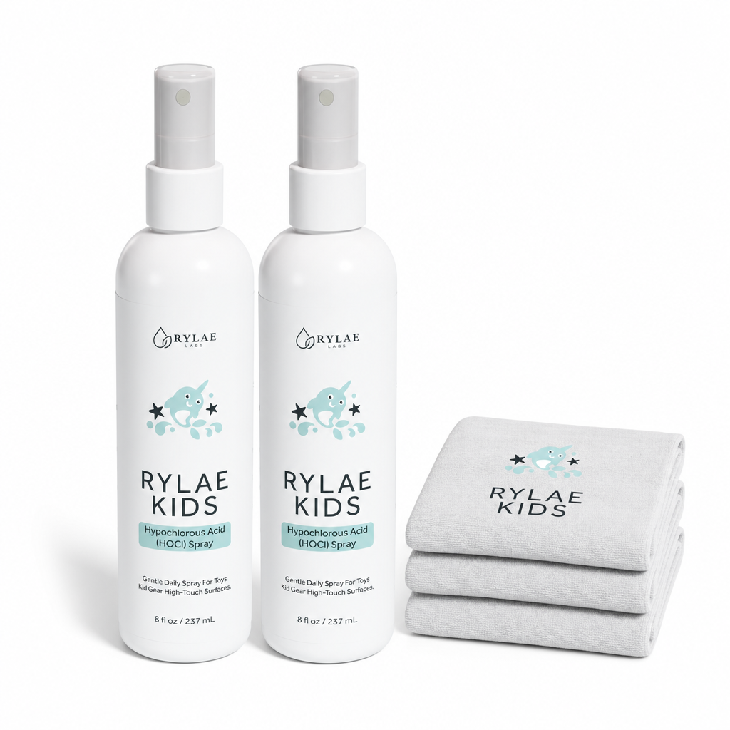 Two Rylae Kids 8oz bottles and three microfiber cloths on white background