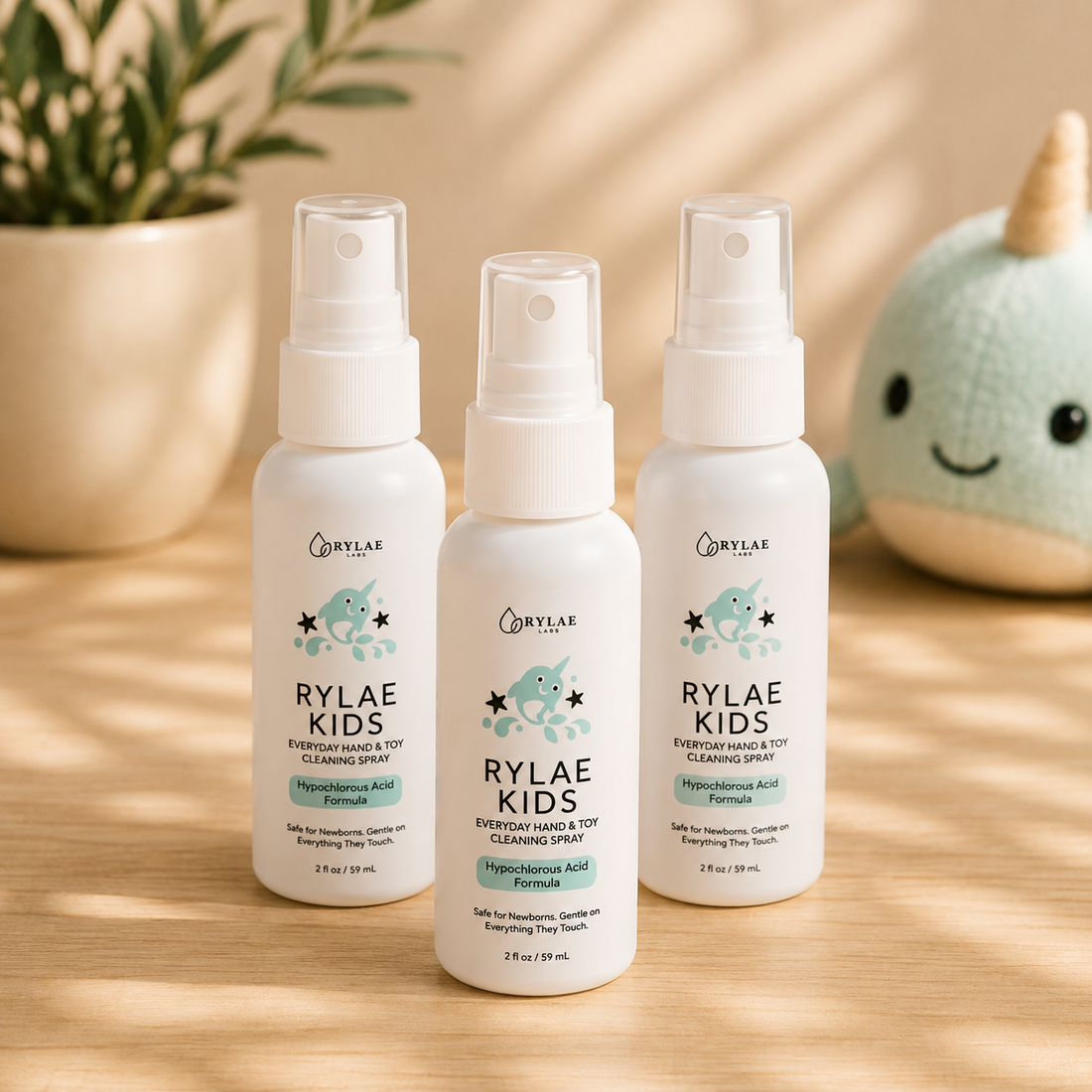 Three Rylae Kids 2oz HOCl cleaning spray bottles on white background