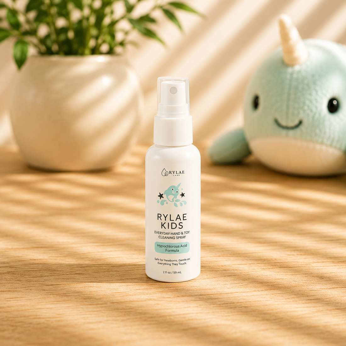 Rylae Kids 2oz HOCl cleaning spray bottle on white background