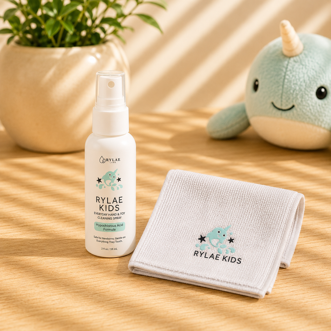 Rylae Kids starter kit spray bottle and microfiber cloth on white background