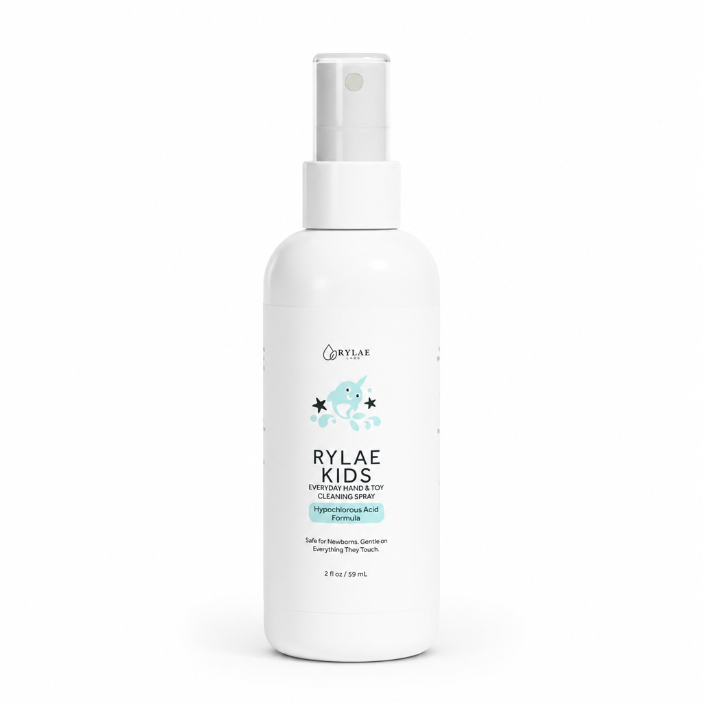 Rylae Kids 2oz HOCl cleaning spray bottle on white background