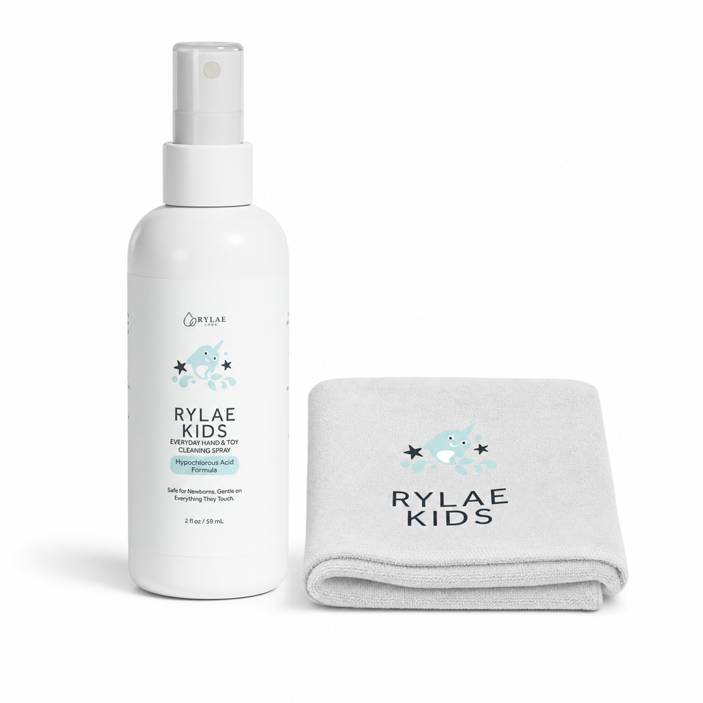 Rylae Kids starter kit spray bottle and microfiber cloth on white background